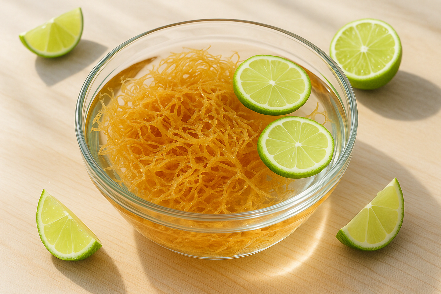 wildcrafted golden sea moss being prepared in bowl of spring water with cut up limes 